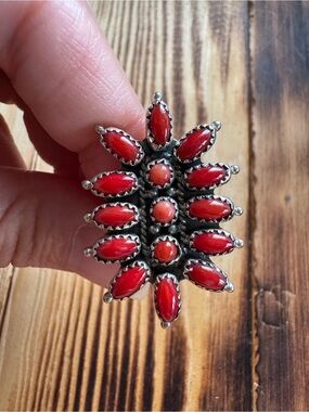 Sterling Silver Red Coral Cluster Ring